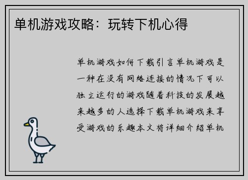 单机游戏攻略：玩转下机心得