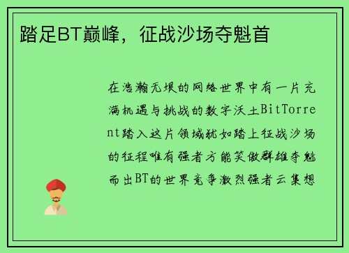 踏足BT巅峰，征战沙场夺魁首