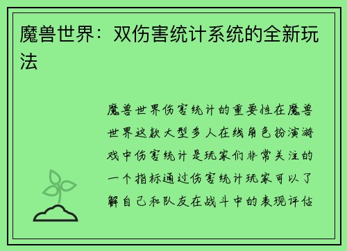 魔兽世界：双伤害统计系统的全新玩法